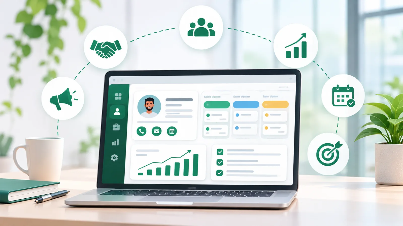 CRM software dashboard showing customer details, sales pipeline, tasks, and business analytics.
